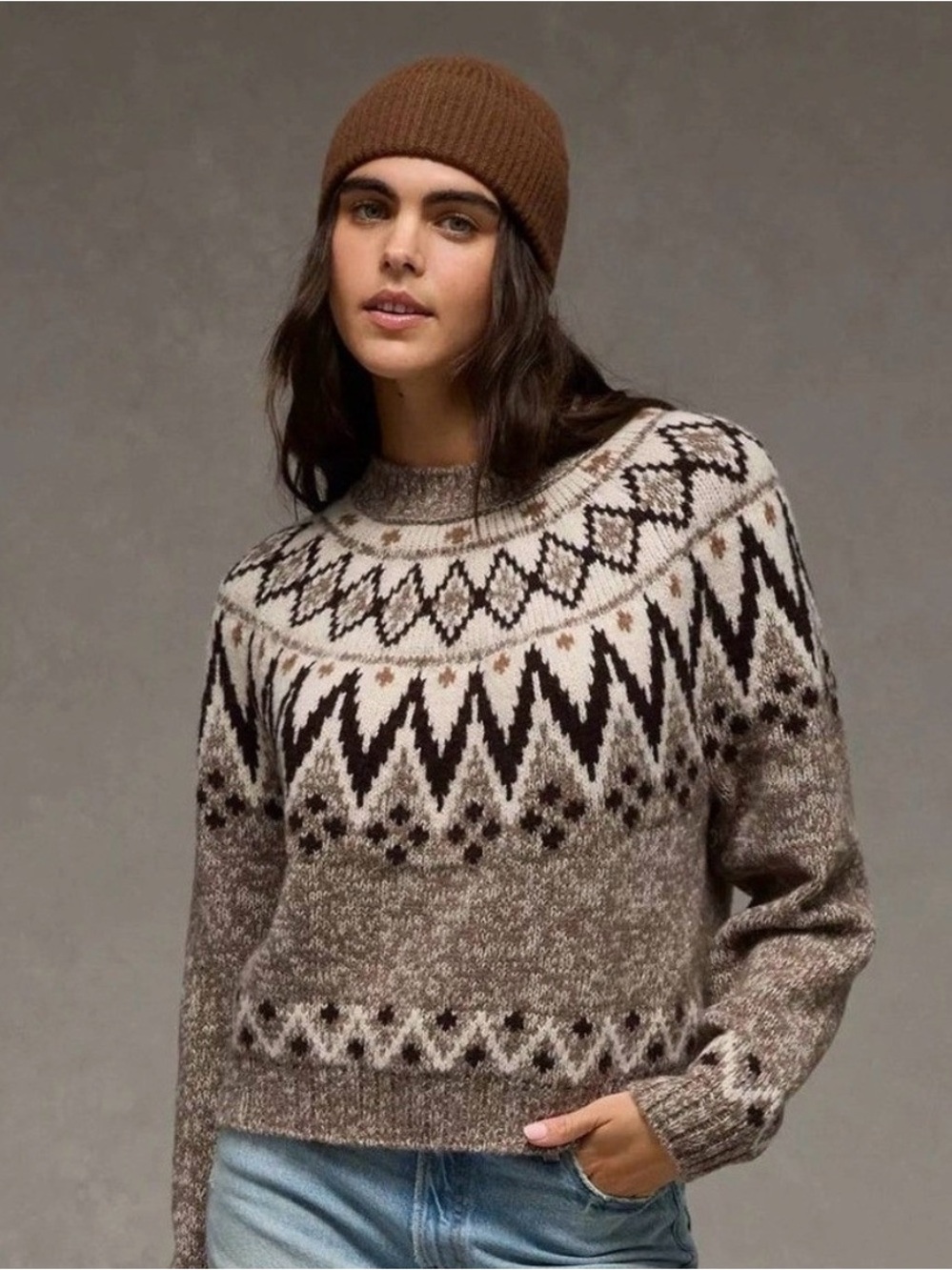 American Eagle Chunky Fair Isle Nordic Ski Pullover Crew Neck Sweater